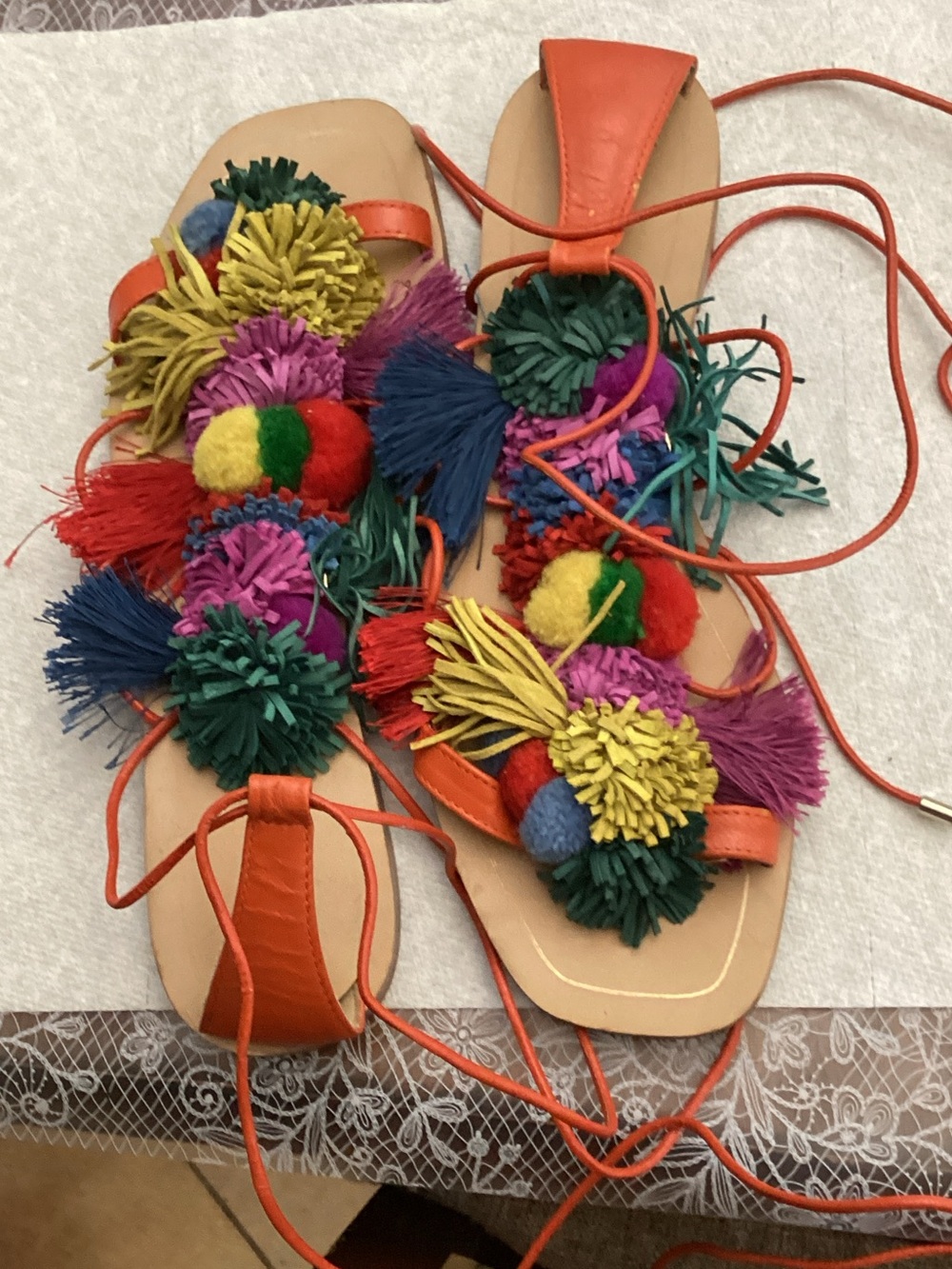 Zara Orange Leather Gladiator Sandals with Multicolor Pom-Poms